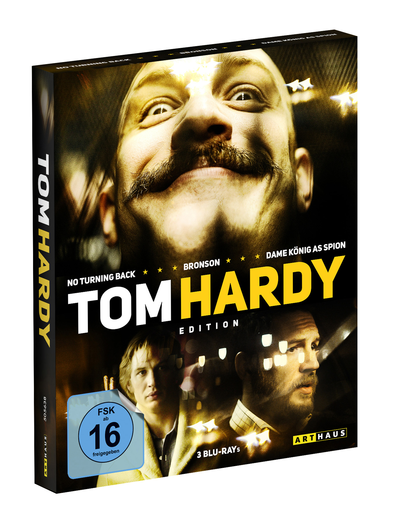 Filmbox-Cover mit Tom Hardys Gesicht, Filmtitel und Bewertung, dunkler Hintergrund.