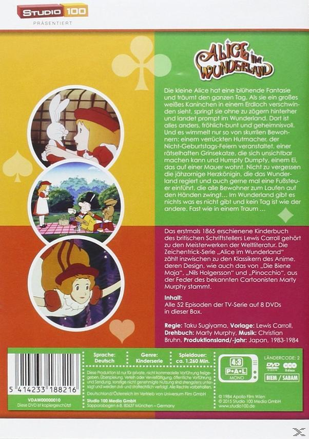 DVD-Cover für den Zeichentrickfilm "Alice im Wunderland", mit Illustrationen und Text.