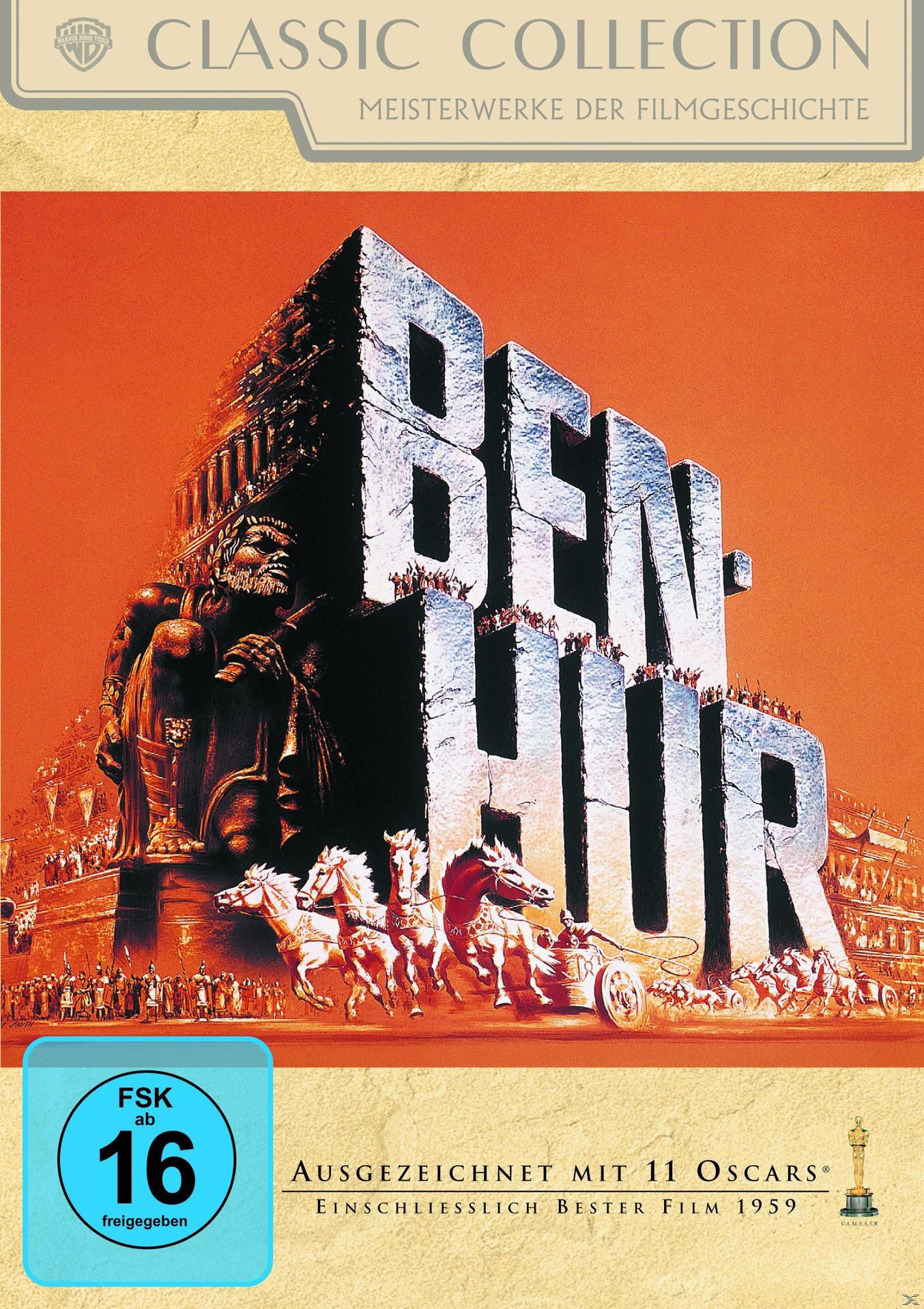 Filmposter mit dem Titel 'Ben-Hur' in großen Steinbuchstaben, einer Wagenrennenszene und einem orangefarbenen Hintergrund.