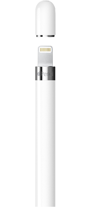 Apple Pencil levett kupakkal, a töltőportot mutatva. Fehér és ezüst fekete háttéren.
