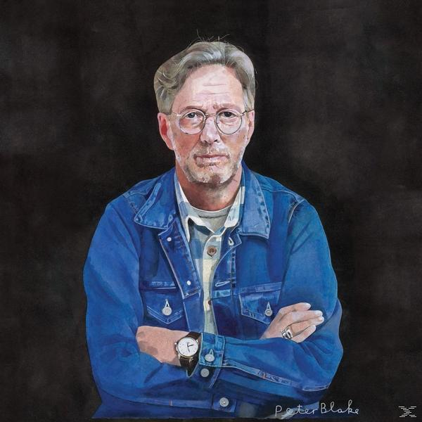 Eric Clapton portréja Peter Blake-től, szemüveget és farmerkabátot visel, fekete háttér.