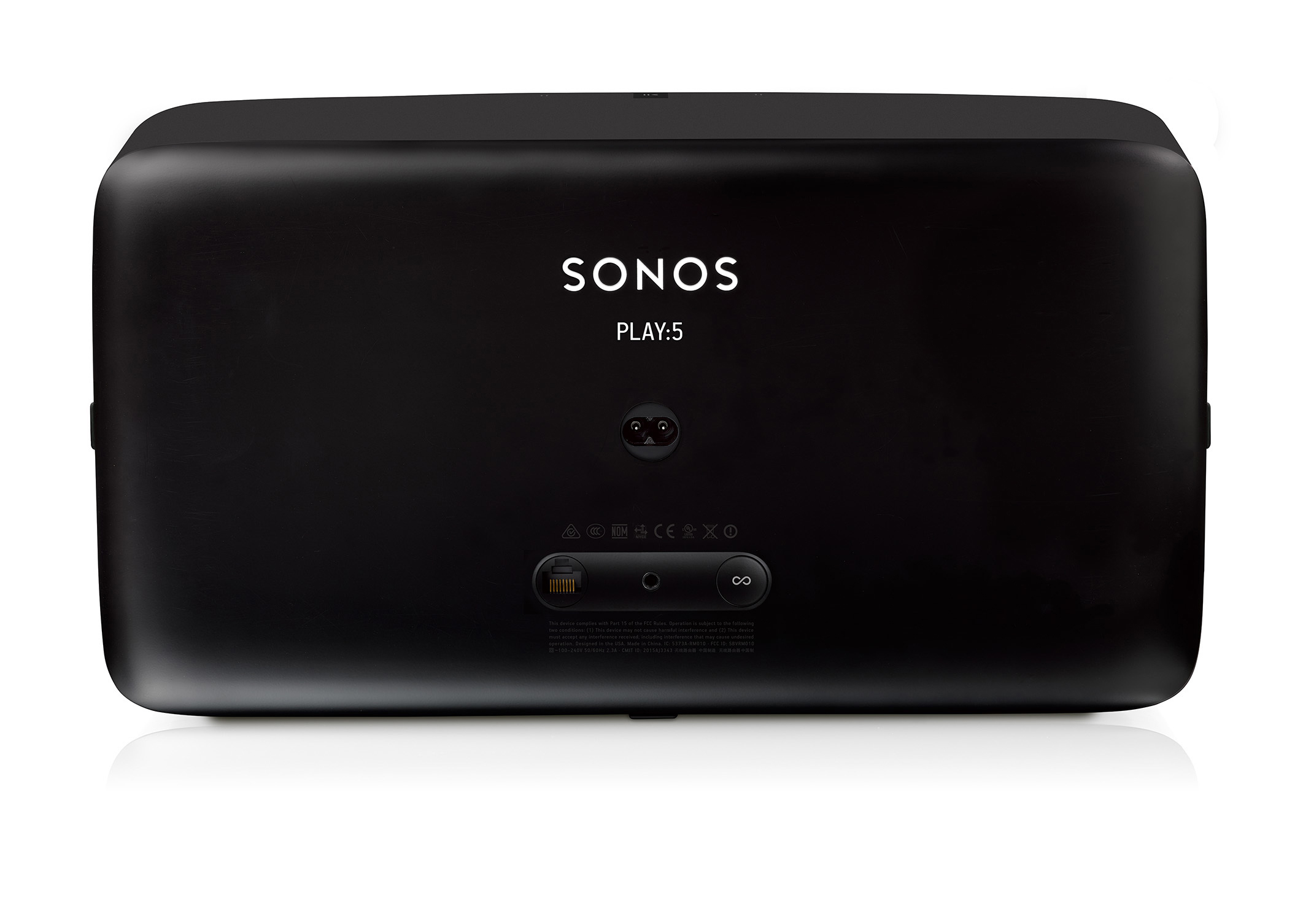 Schwarzer Sonos Play:5 Lautsprecher. Die Rückseite des Lautsprechers ist sichtbar.