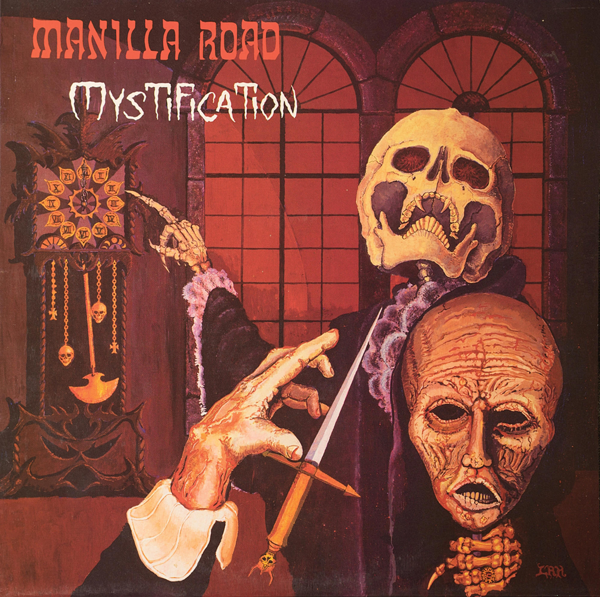 Albumcover mit Skelett, Uhr und Text: 'Manilla Road' und 'Mystification'.