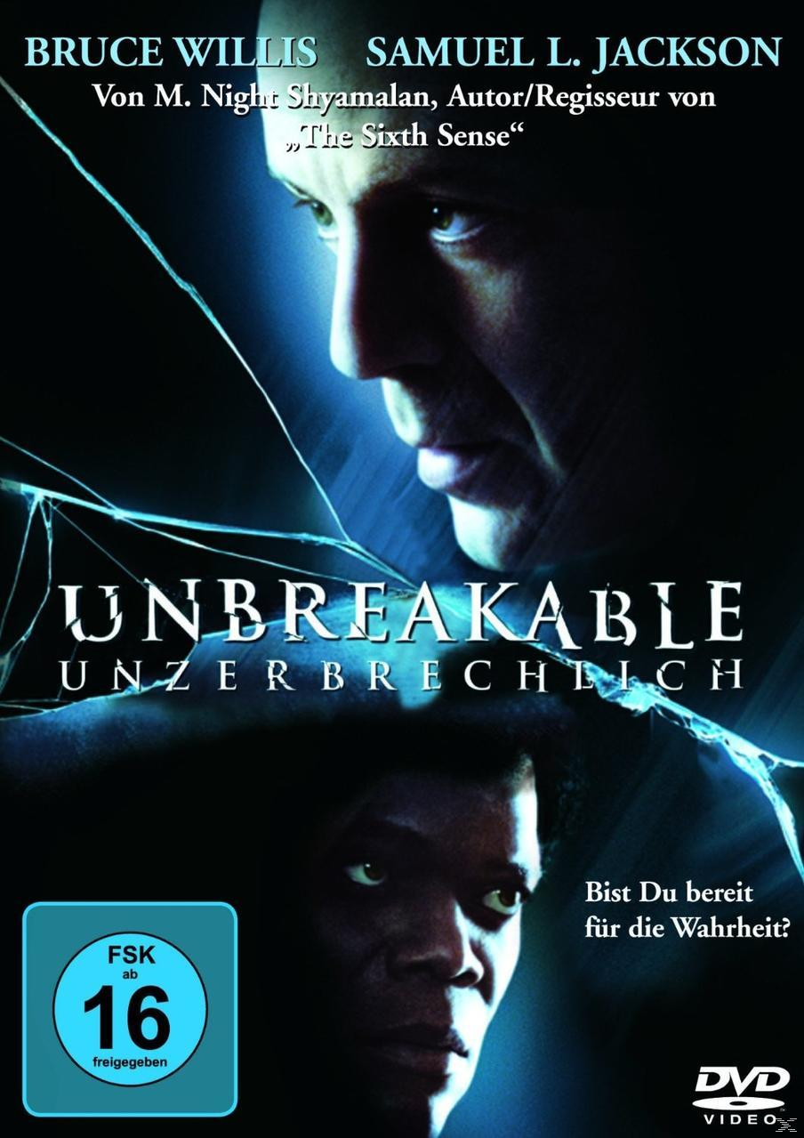 Filmposter. Bruce Willis und Samuel L. Jackson, Text 'Unbreakable'.