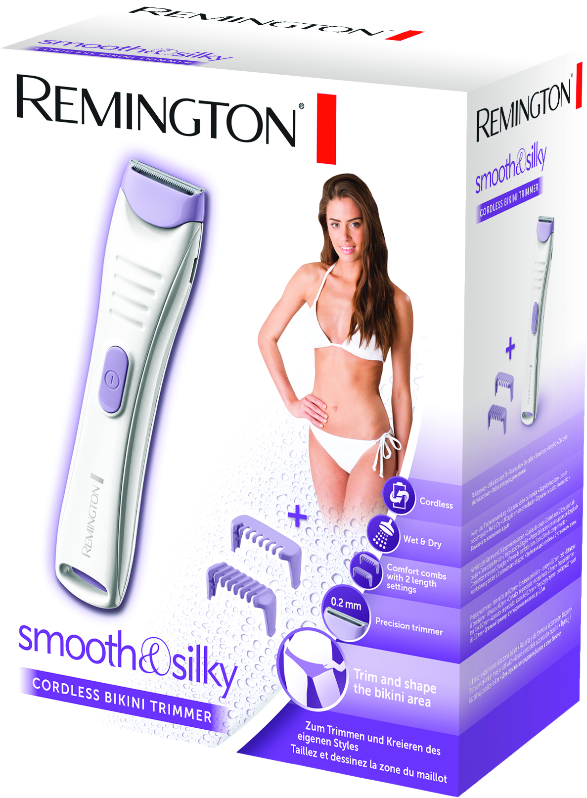 A Remington smooth&silky vezeték nélküli bikini trimmelőjének doboza. Egy bikiniben lévő nő a dobozon.