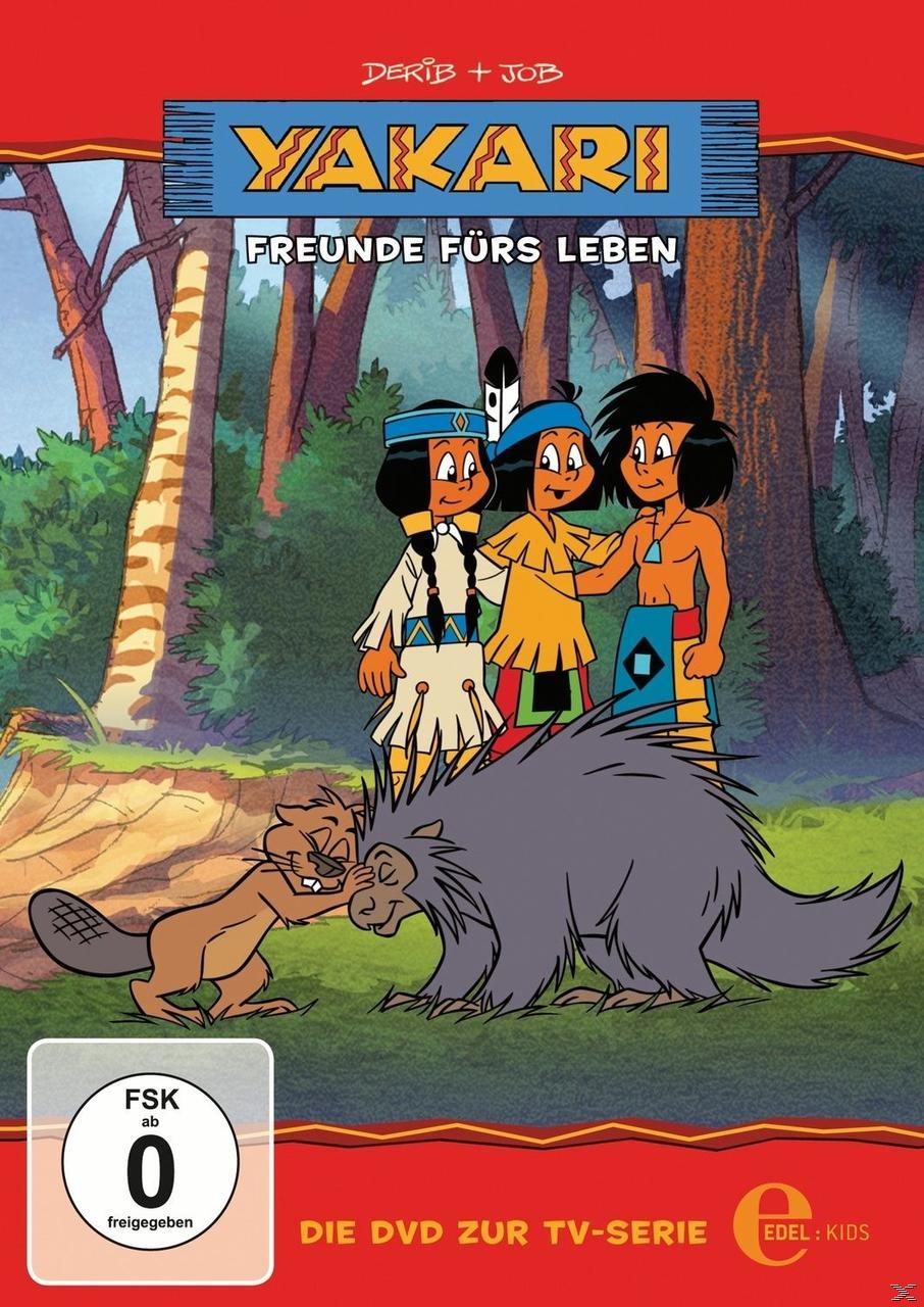 DVD-Cover von Yakari mit drei Kindern, einem Biber und einem Stachelschwein in einer Waldkulisse.