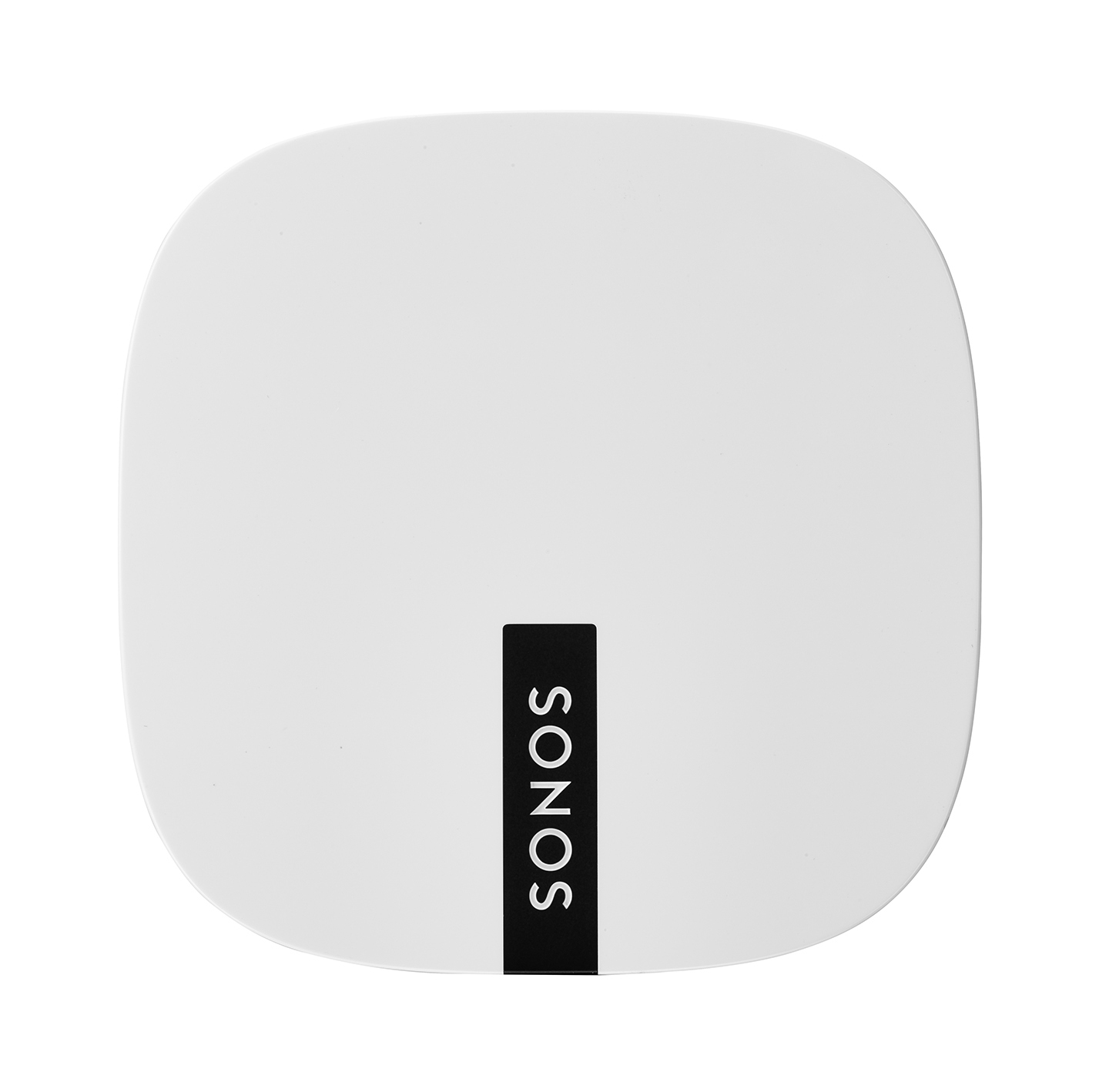 Un haut-parleur Sonos blanc. Le logo Sonos est sur une bande noire.
