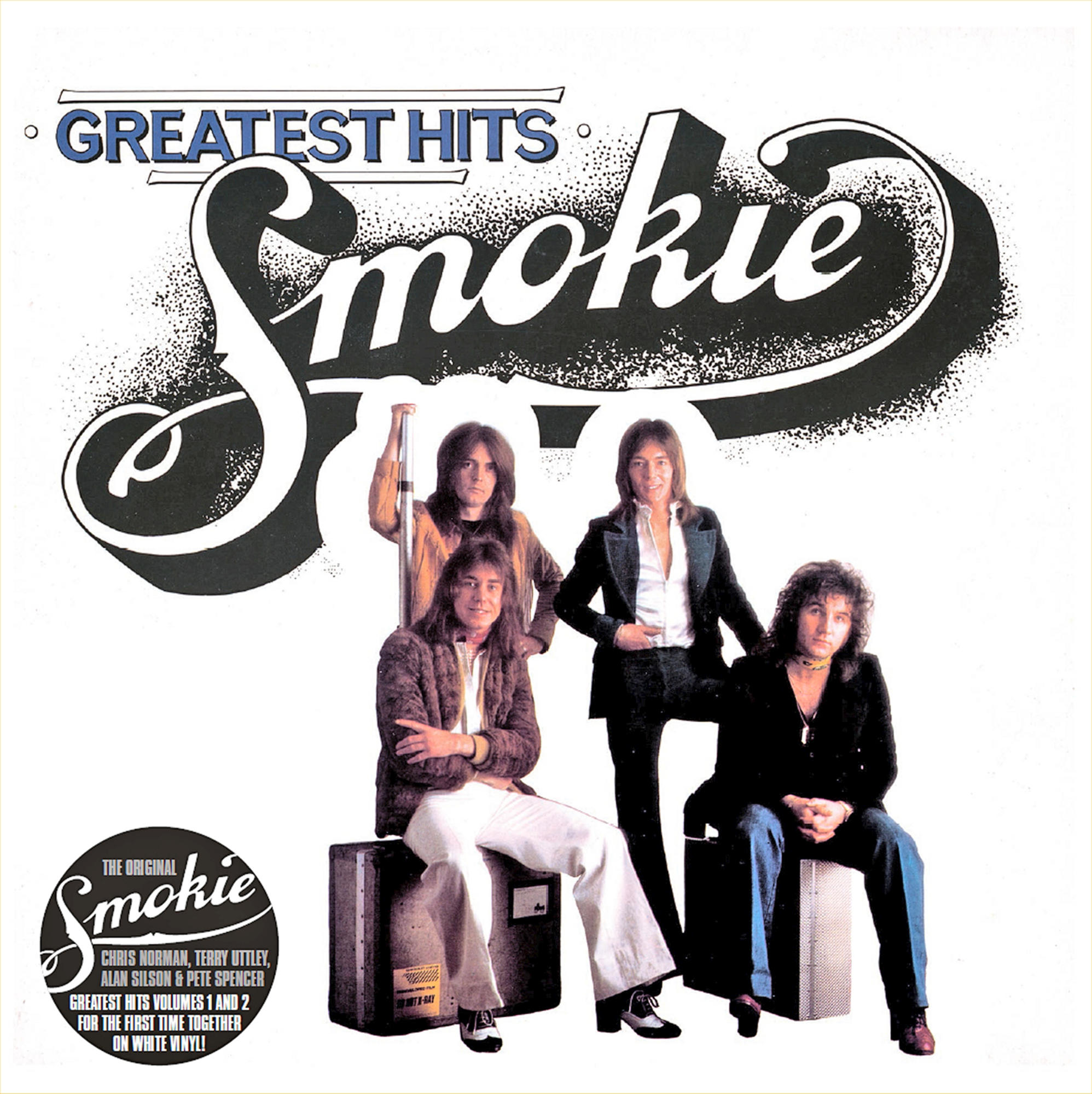 Albumcover von Smokie mit Bandmitgliedern und dem Text 'Greatest Hits'.
