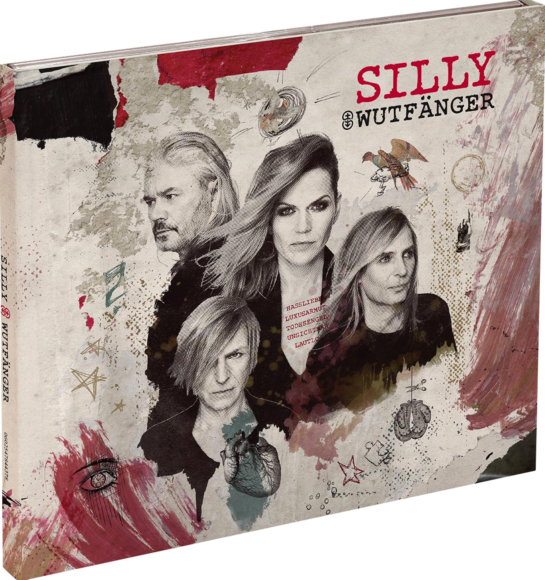 CD-Cover: Vier Bandmitglieder, zwei Frauen und zwei Männer, mit Grunge-Hintergrund und Text.