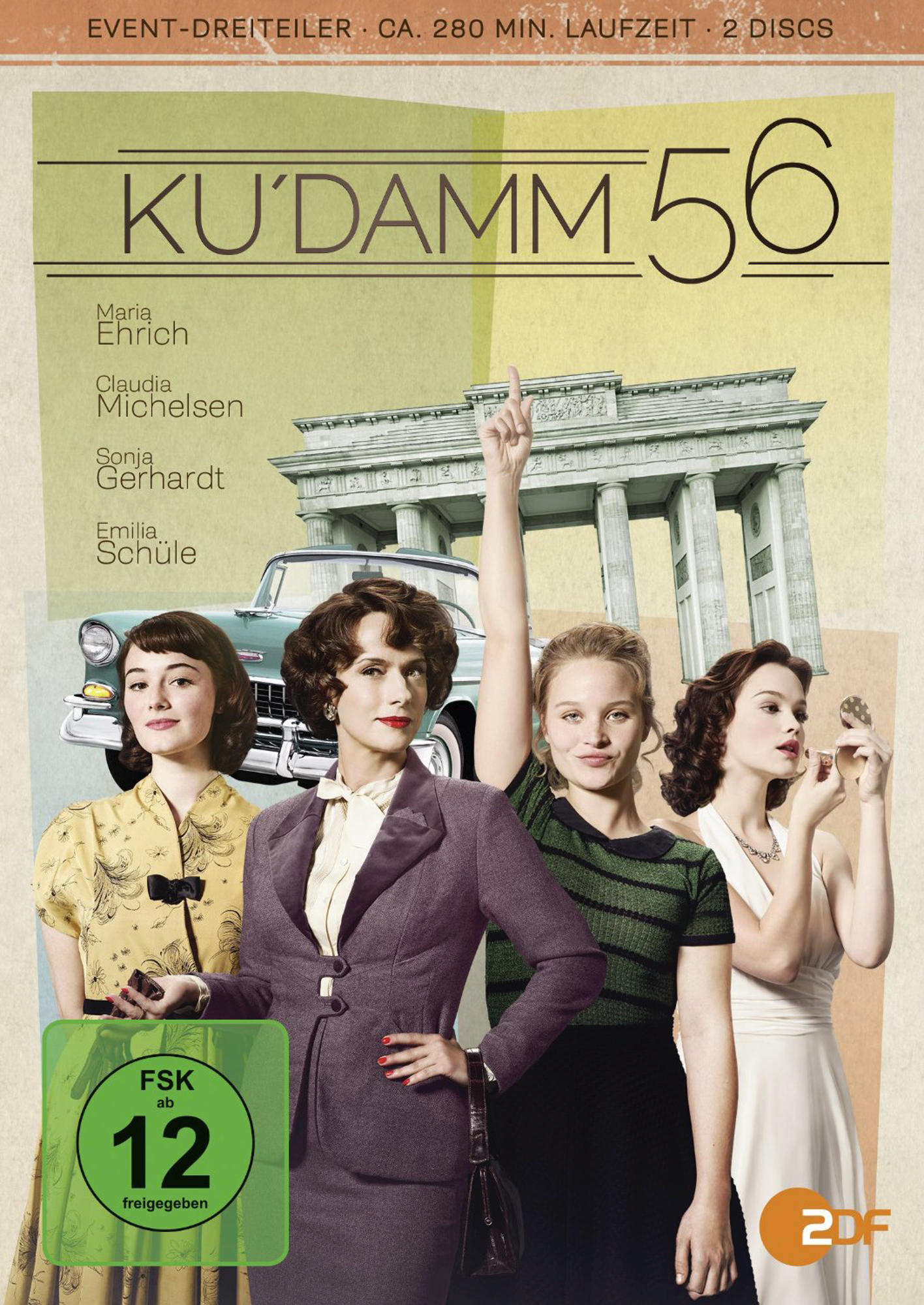 DVD-Cover: Vier Frauen, ein Oldtimer und ein Gebäude. Text: Ku'damm 56.