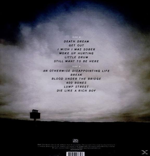 Albumcover mit Text, der Songtitel links und eine Szene mit bewölktem Himmel auflistet.