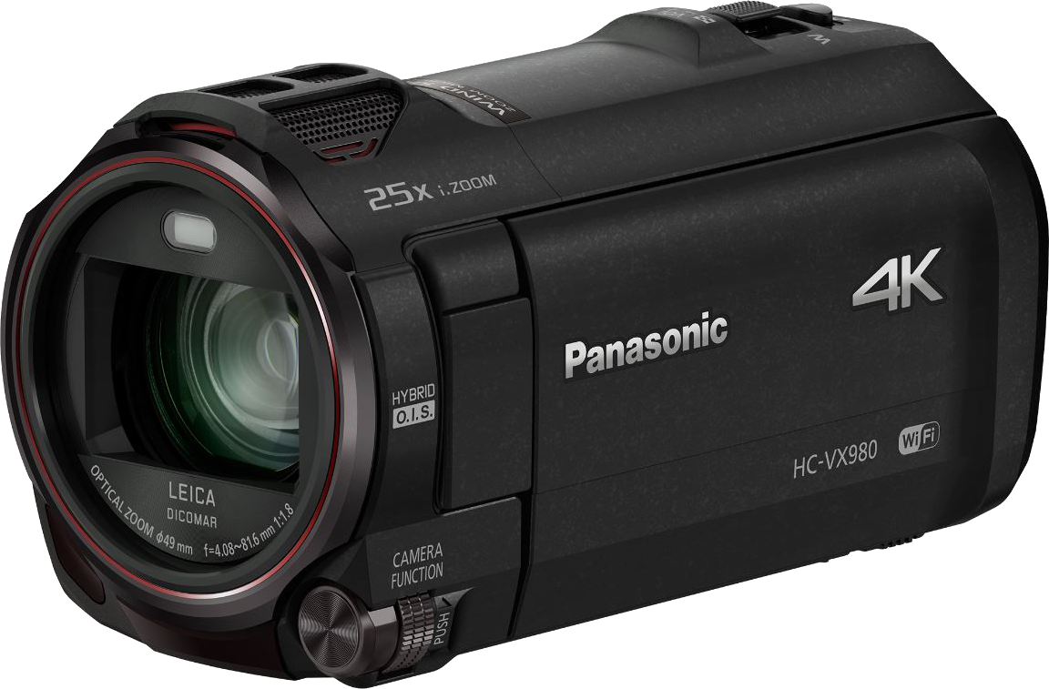 Egy fekete Panasonic videokamera. Leica objektívvel, 4K felbontással és Wi-Fi-vel rendelkezik. Jellemzői: 25x zoom és hibrid O.I.S.