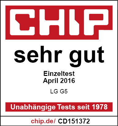 CHIP Testergebnis. Rotes und weißes Banner mit 'sehr gut'. LG G5 Produktname.