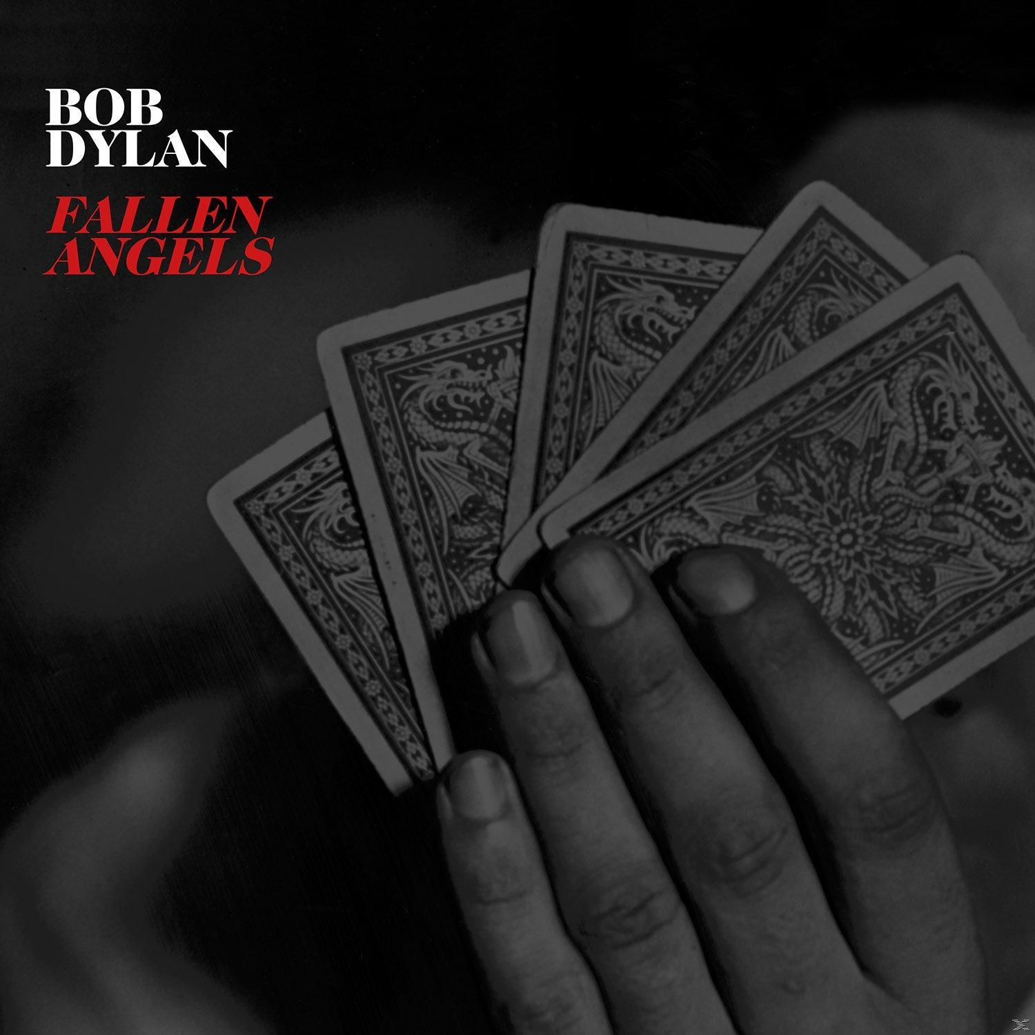 Albumcover: Bob Dylan mit Karten. Titel: Fallen Angels. Roter Text auf einem Schwarz-Weiß-Foto.