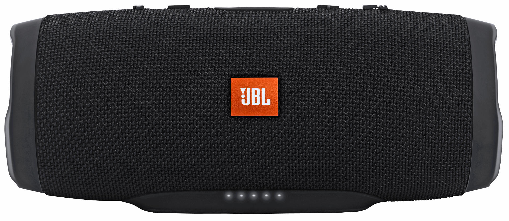 Schwarzer JBL-Lautsprecher. Orangefarbenes JBL-Logo. Rechteckige Form.