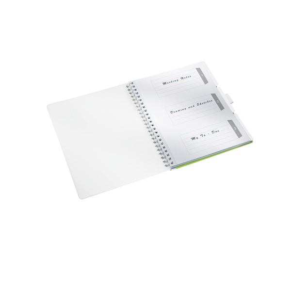 Offenes Notizbuch mit beschrifteten Abschnitten. Weiße Seiten mit Text, Spiralbindung und Registerkarten sichtbar.