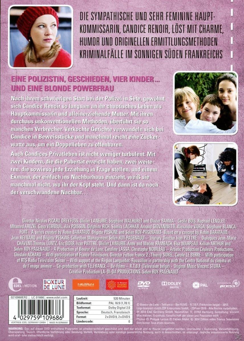 DVD-Hülle: Candice Renoir. Frau mit rotem Hut, Kinder und Polizeiszenen.