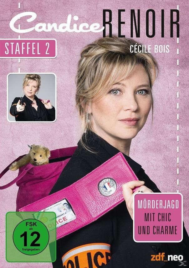 DVD-Cover: Frau in schwarzer Jacke, hält eine rosa Handtasche und ein Polizeiausweis. Text: "Candice Renoir".