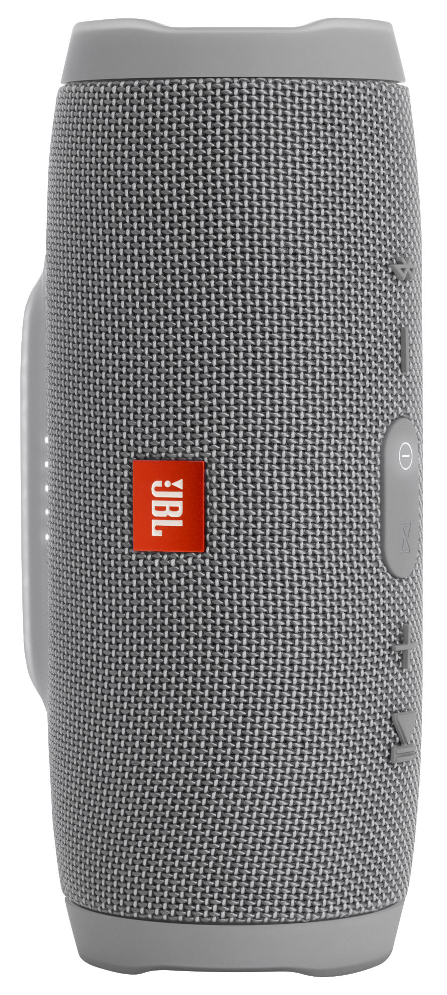 Grauer JBL Charge Lautsprecher, rotes JBL Logo und Bedienelemente an der Seite.