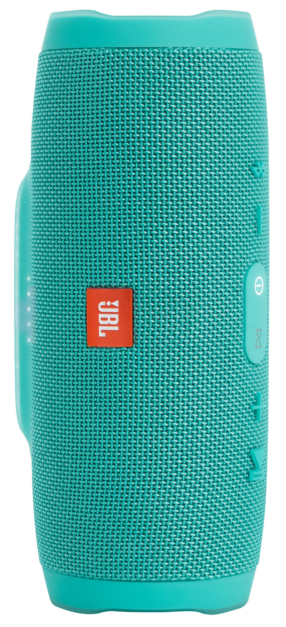 Ein türkisblauer JBL-Lautsprecher mit Knöpfen und einem Logo an der Seite.