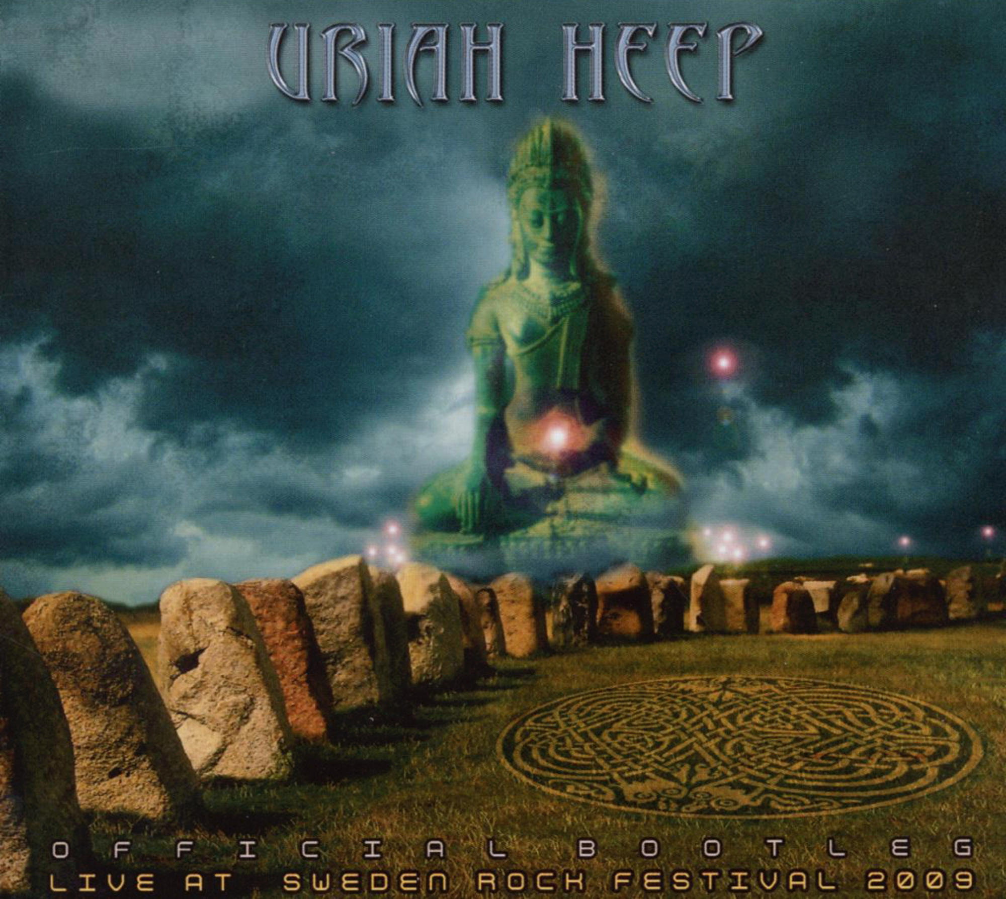 Albumcover von Uriah Heep mit einer Illustration einer Statue und einer Landschaft.