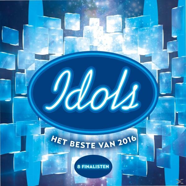 Poster voor 'Idols: Het Beste van 2016'. Toont een blauwe ovaal met 'Idols' in wit, omringd door blauwe kubussen en tekst.