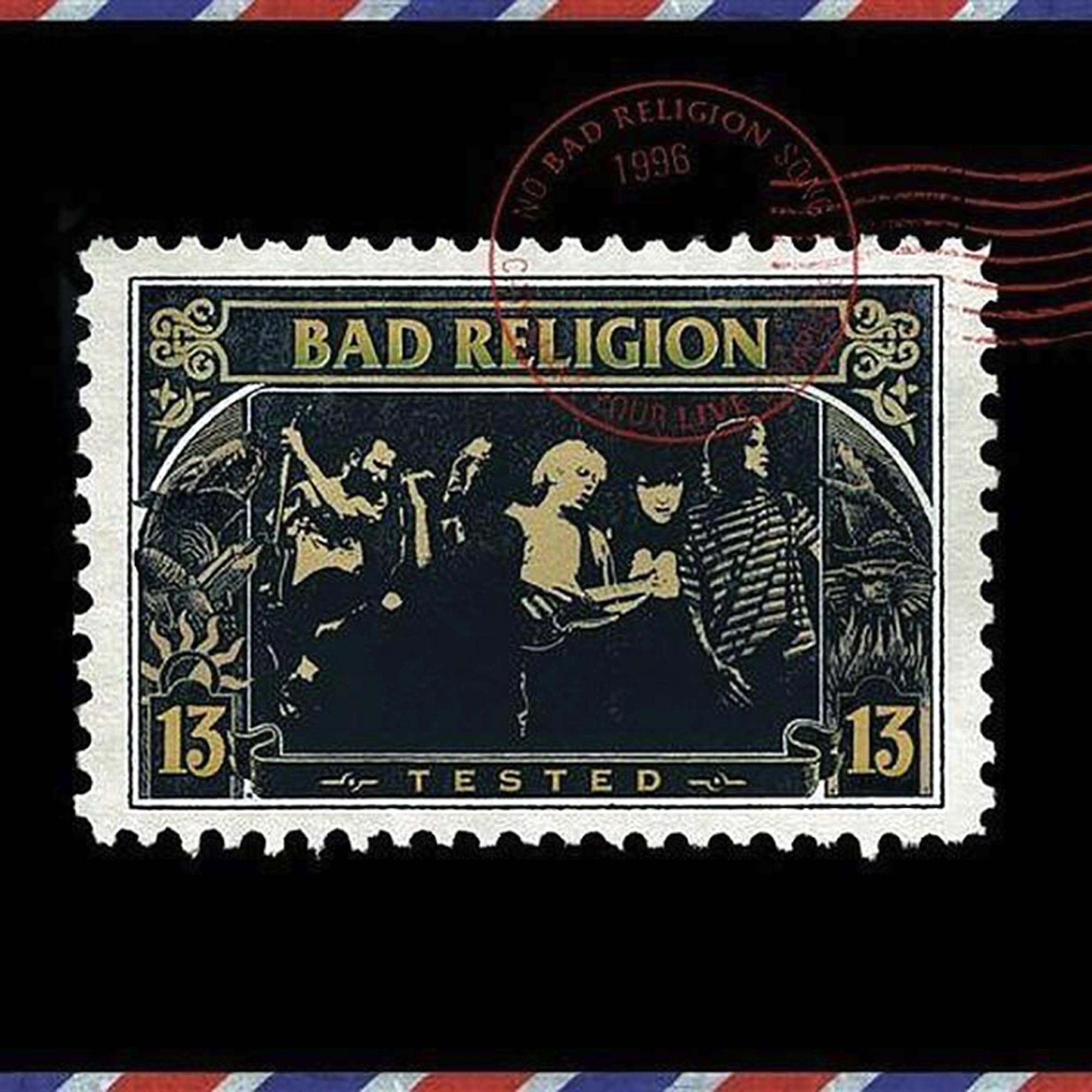 Eine Briefmarke mit den Worten 'Bad Religion' und einem Bild von Bandmitgliedern.