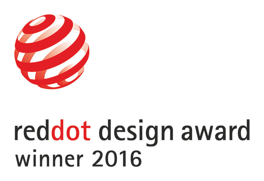 Red Dot Design Award Gewinner 2016 Logo. Rote Kugel mit Linien.
