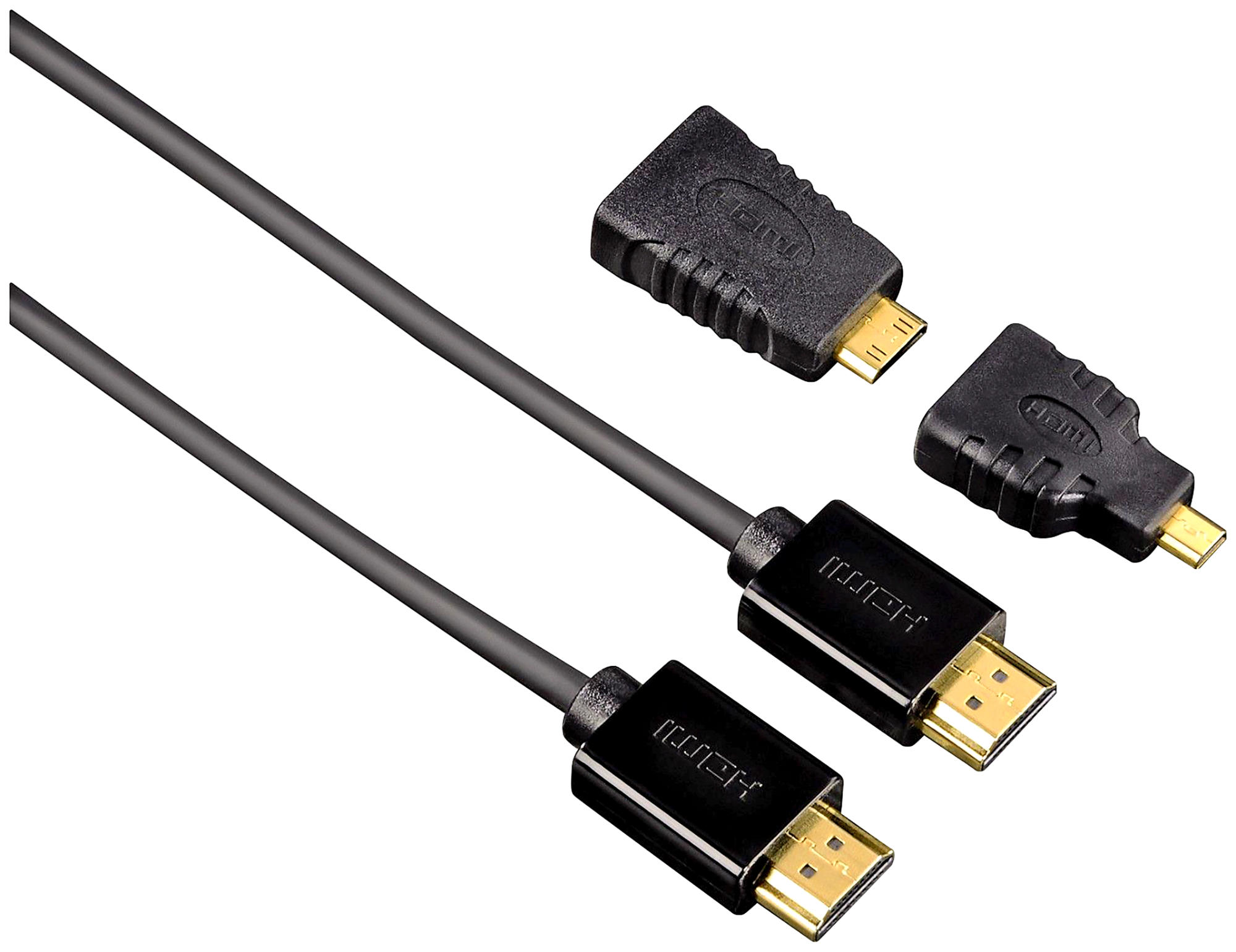 HDMI-Kabel und -Anschlüsse. Zwei schwarze Kabel, goldfarbene Anschlüsse und zwei kleine Adapter.