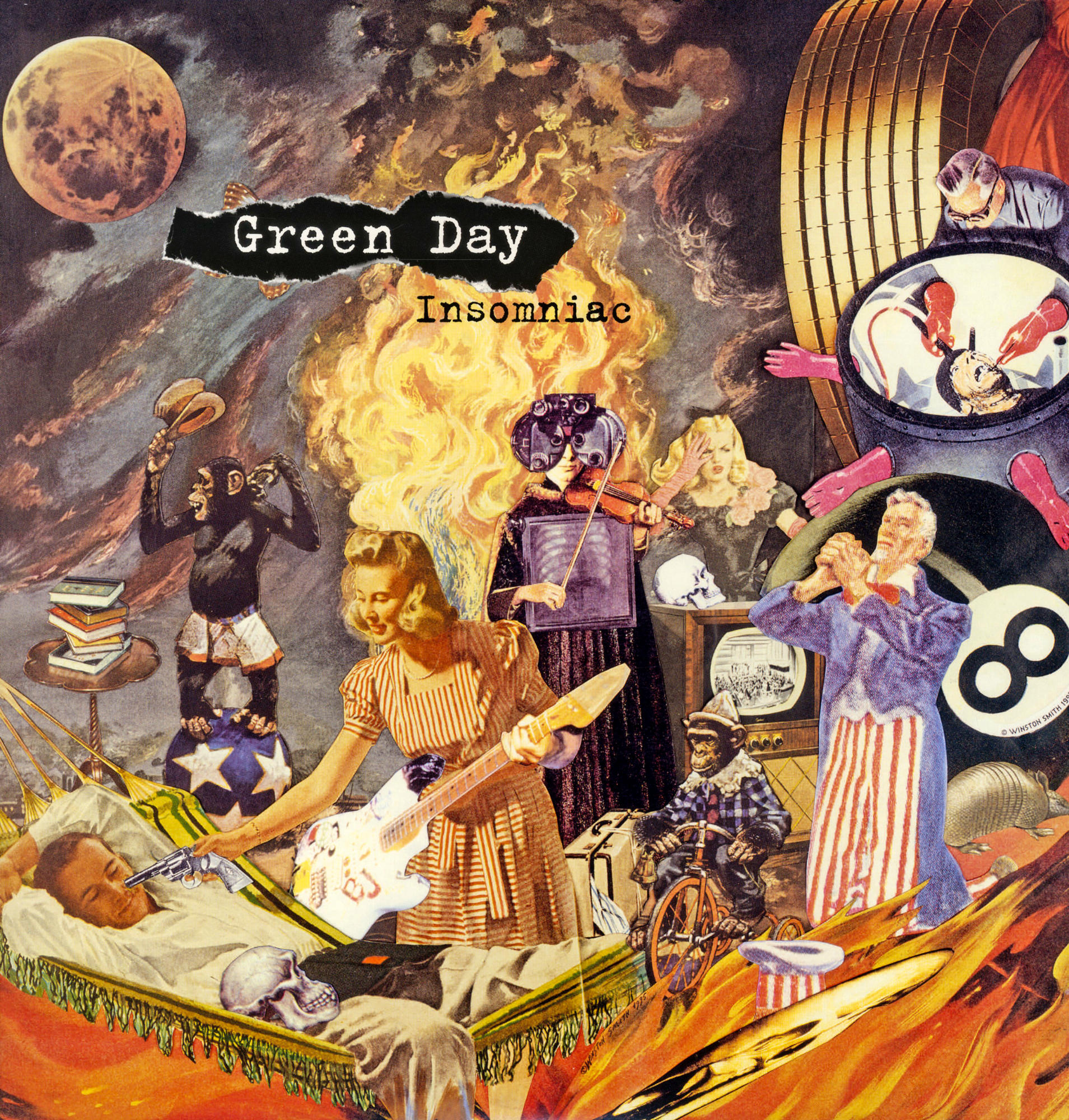 Collage eines Green Day Albumcovers mit einer chaotischen und surrealen Szene.