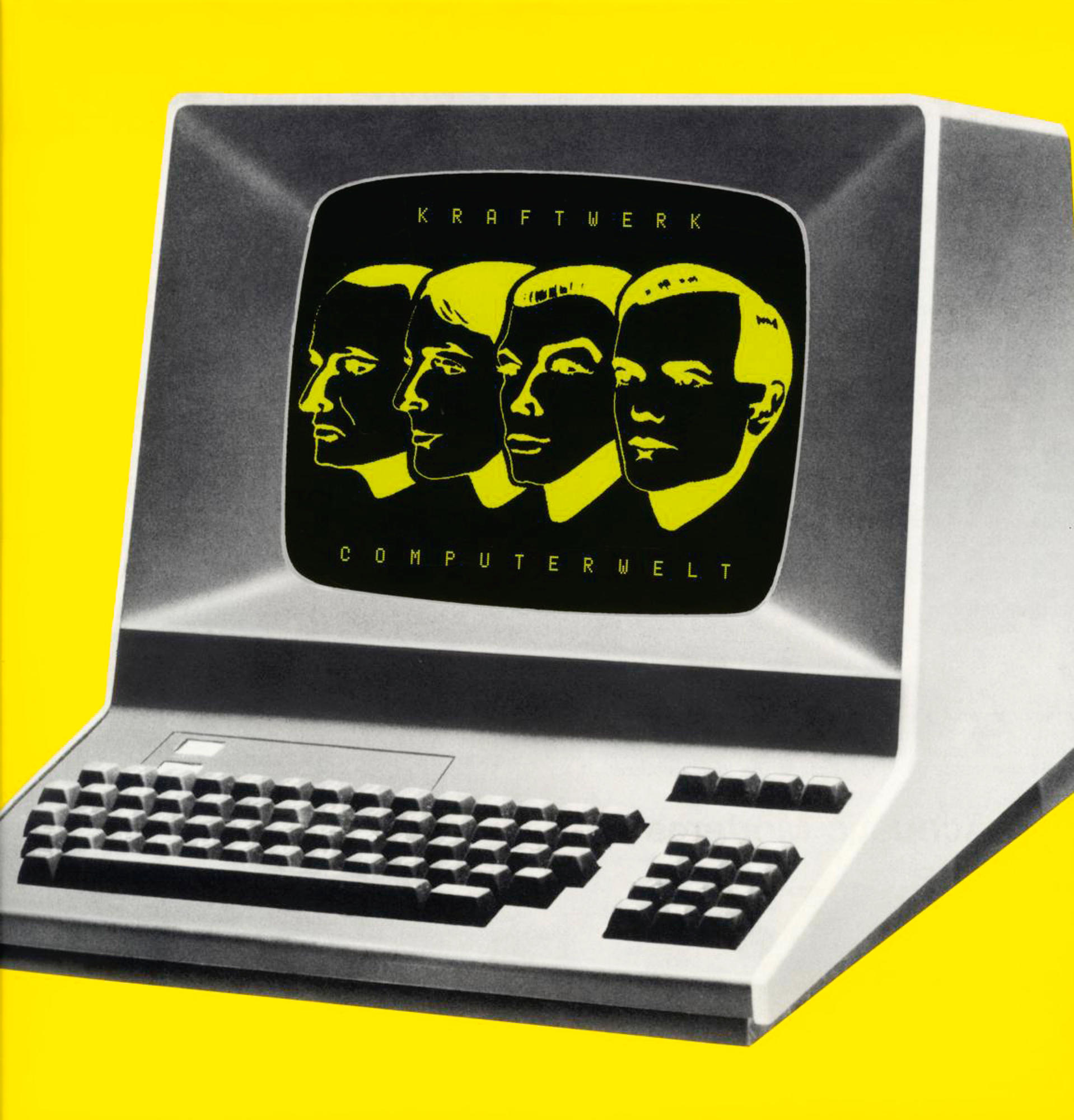 Albumcover: Kraftwerk 'Computerwelt'. Vier Gesichter in Gelb auf einem Computerbildschirm. Gelber Hintergrund.