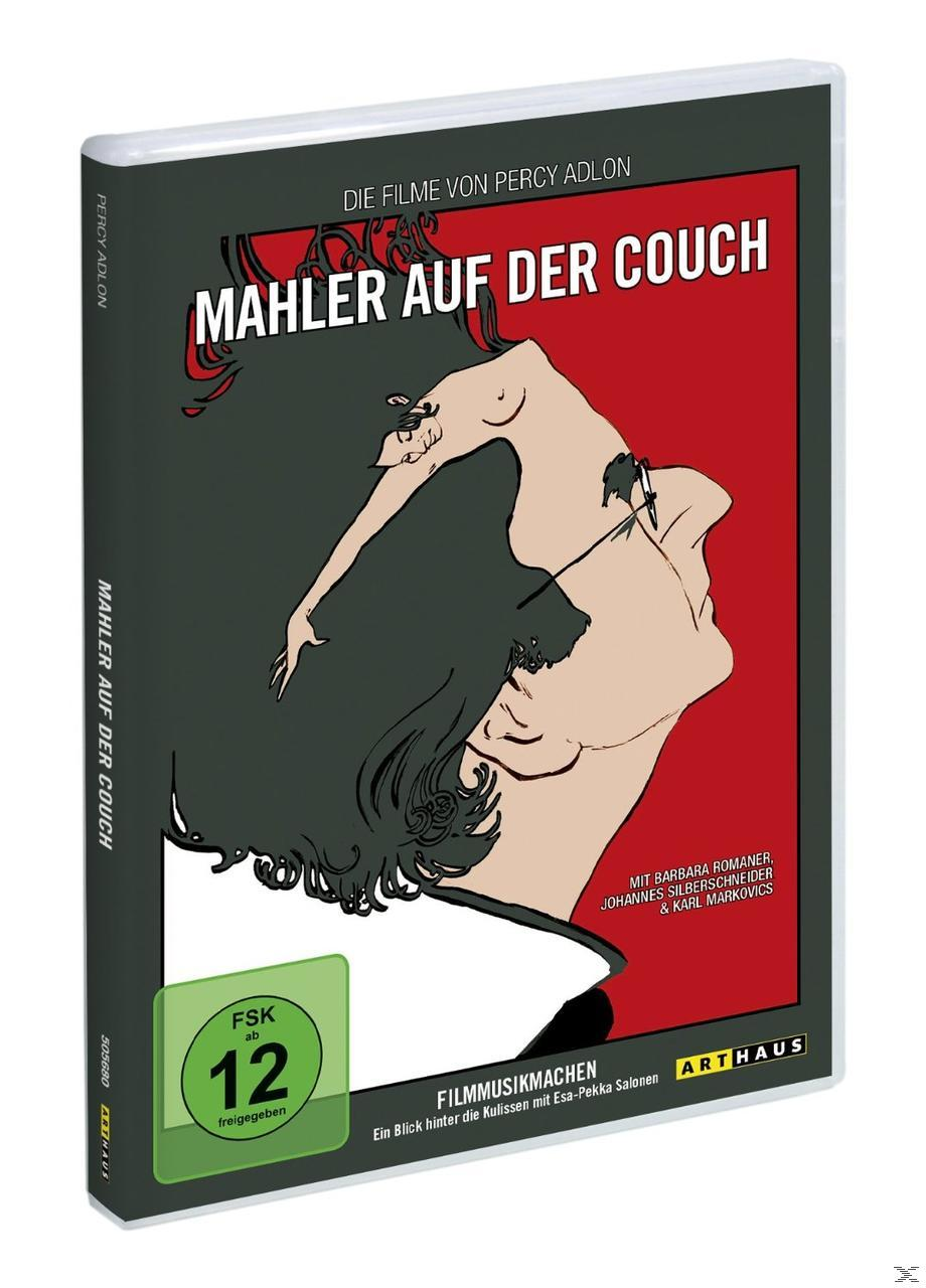 DVD-Cover: 'Mahler auf der Couch'. Zeigt eine Frau im Profil, roter Hintergrund und schwarzer Umschlag.