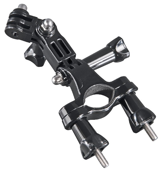 Support métallique noir pour une caméra. L'appareil est noir et possède une vis pour le verrouiller.