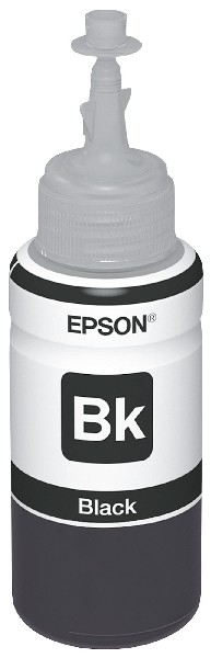 Bottiglia di inchiostro nero per stampante Epson con etichetta nera.