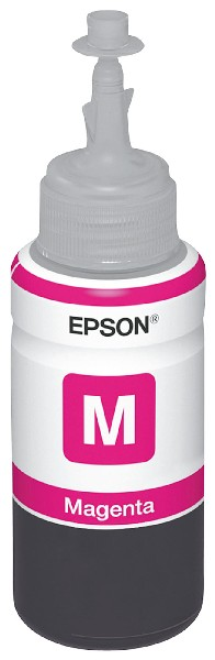 Bouteille d'encre magenta Epson. La bouteille est blanche avec une bande rose et le logo Epson.