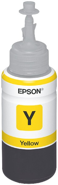 Epson gele inktfles. Witte en gele fles met een geel label en een grijze tuit.