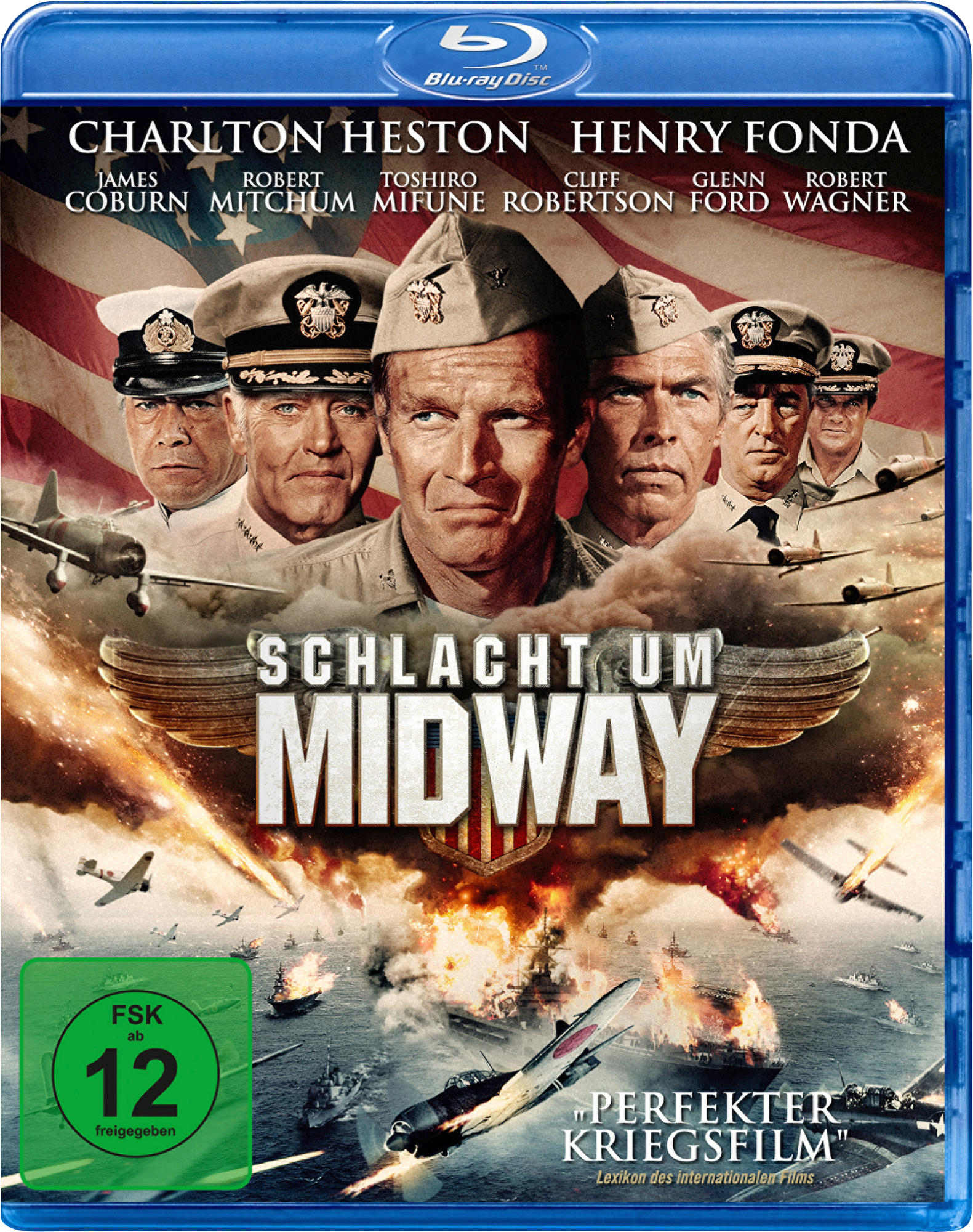 Filmposter. Männer in Uniformen, Flugzeuge, Text 'Schlacht um Midway'.