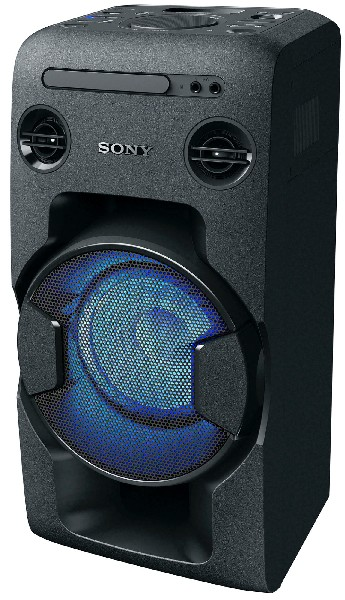Ein schwarzer Sony-Lautsprecher mit einem großen blau beleuchteten Lautsprecher. Er hat zwei kleinere Lautsprecher und ein Bedienfeld.