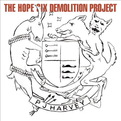 Albumborító: Tollrajz, állatok, pajzs és szöveg: The Hope Six Demolition Project.