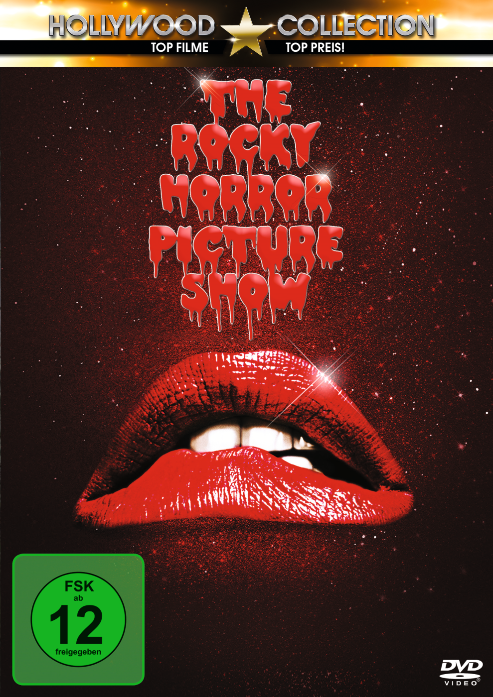 DVD-Cover: The Rocky Horror Picture Show. Offene rote Lippen, Textüberlagerung, FSK 12.