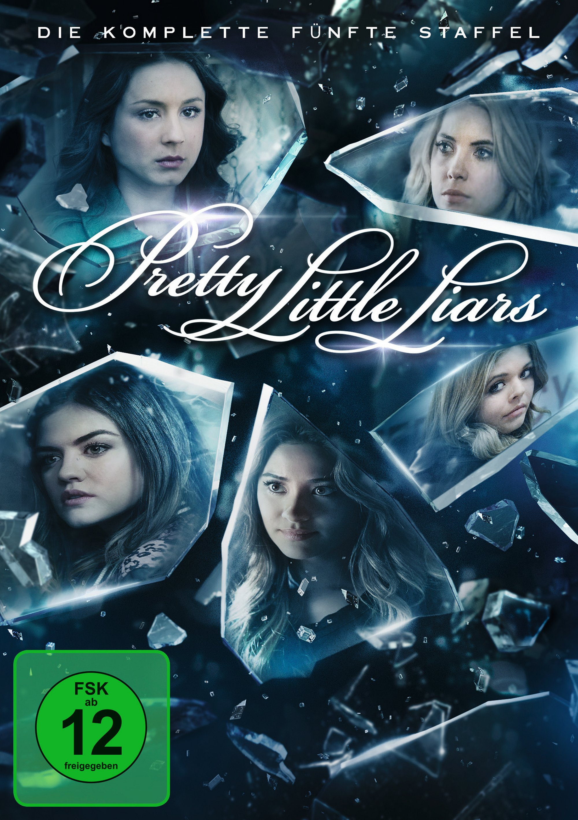 DVD-Cover von 'Pretty Little Liars' mit Gesichtern von vier Frauen in zerbrochenem Glas und FSK 12.