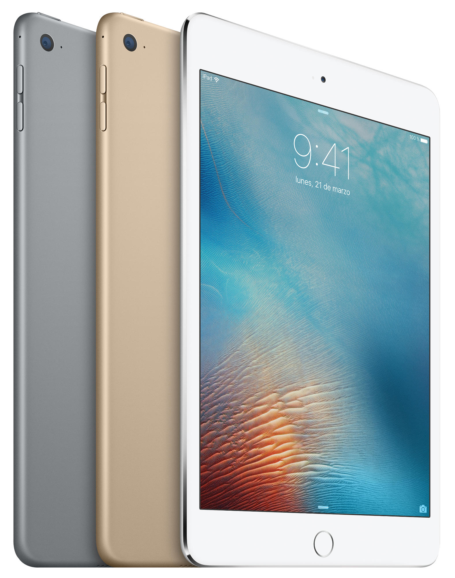 Tres tabletas: plata, oro y blanco, de pie. La pantalla blanca muestra la hora.
