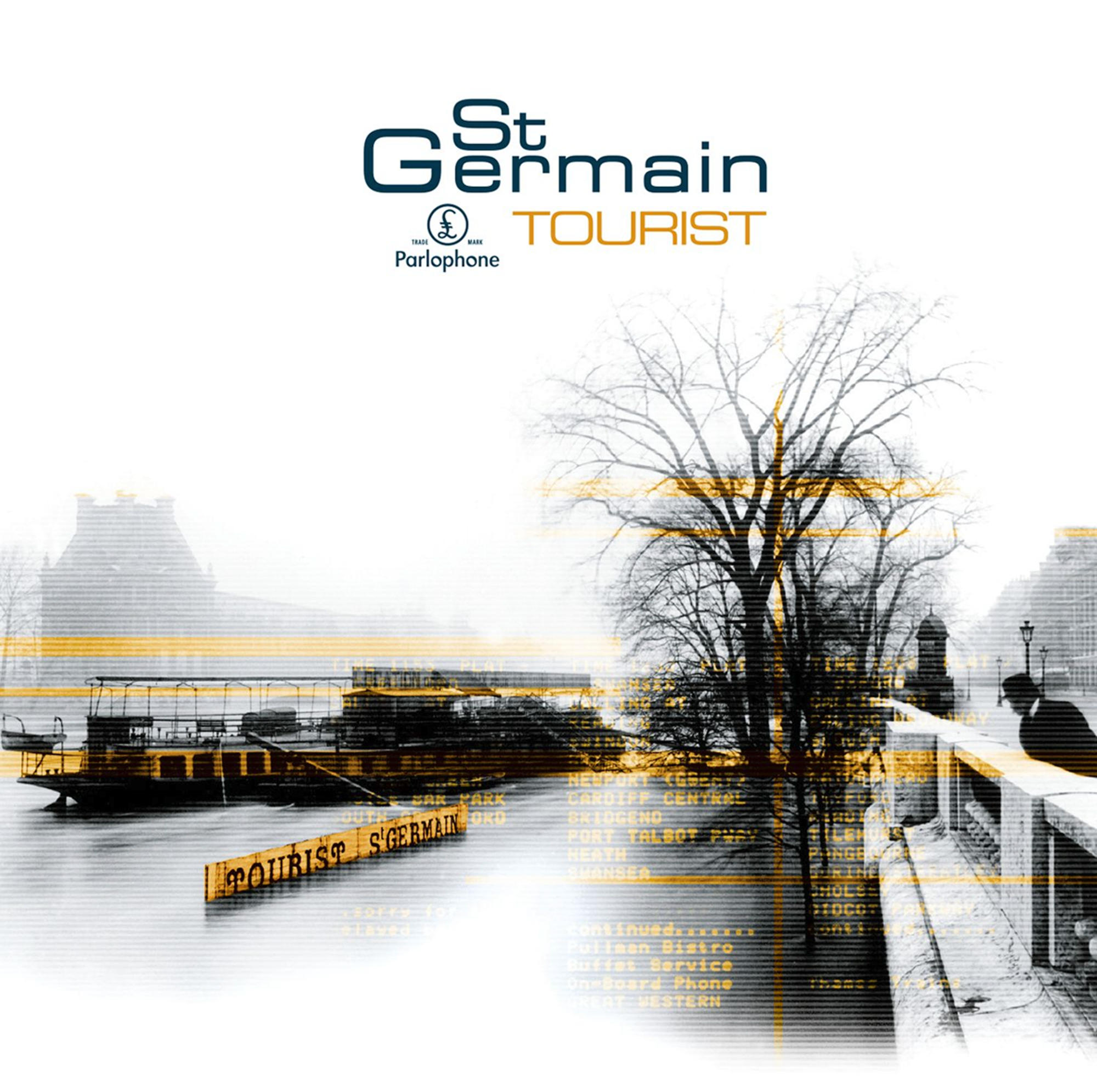 Albumcover mit einem Boot und Text, mit Menschen auf einer Brücke.