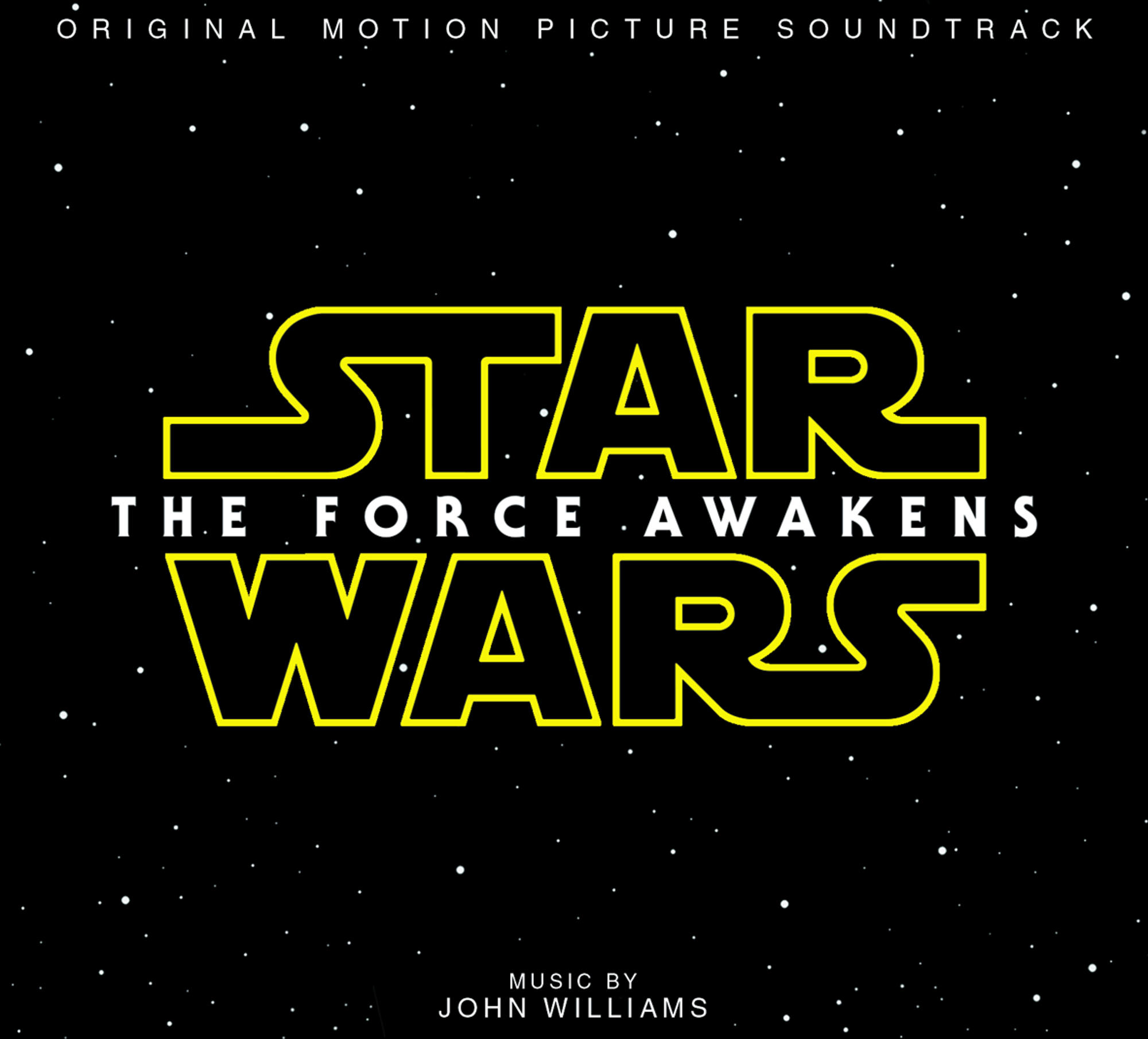 Star Wars-Filmmusik-Cover. Schwarzer Hintergrund mit gelbem 'Star Wars'-Logo.