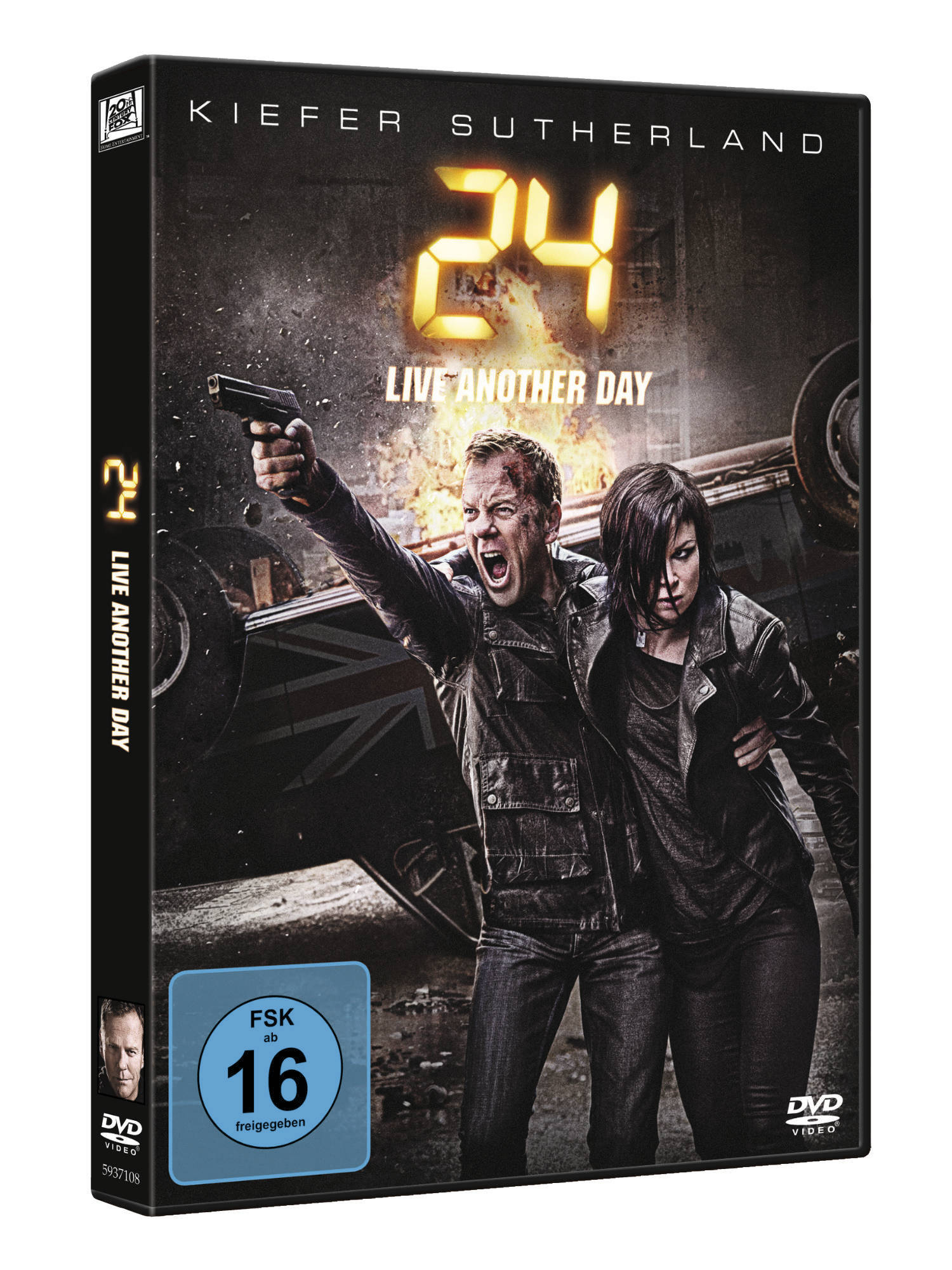 DVD-Cover für '24: Live Another Day'. Kiefer Sutherland hält eine Waffe. Eine Frau unterstützt ihn. Der Titel ist groß geschrieben.