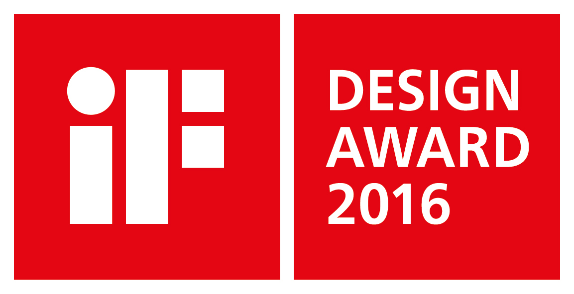 iF Design Award 2016 Logo. Rotes und weißes Design mit dem Text 'DESIGN AWARD 2016'.