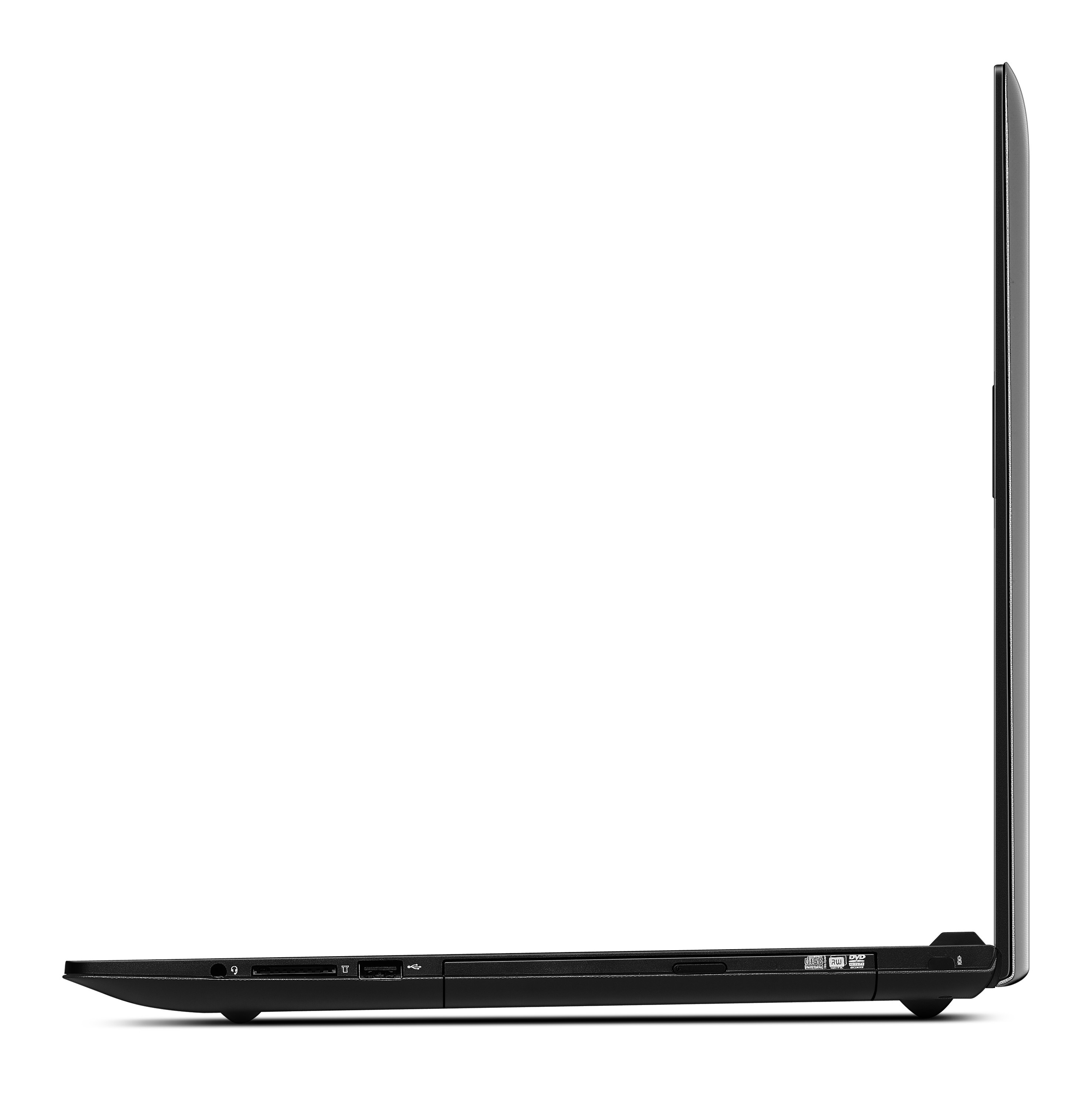 Schwarzer Laptop-Seitenansicht, Anschlüsse sichtbar. Weißer Hintergrund.