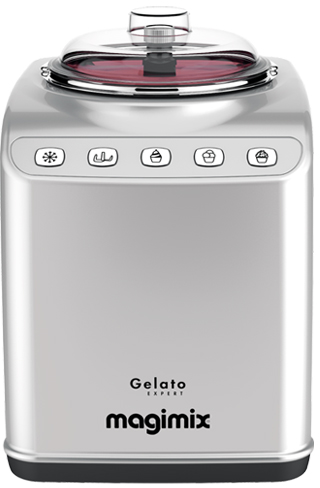 Machine à glace Magimix Gelato Expert argentée, boutons et couvercle transparent.