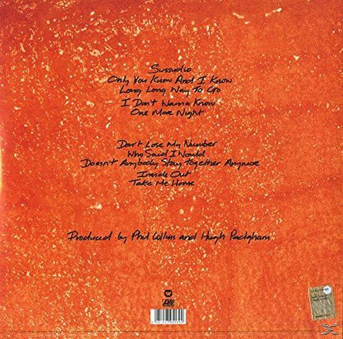 Album-Rückseite mit rotem Hintergrund und Titelliste. 'Phil Collins und Hugh Padgham'.