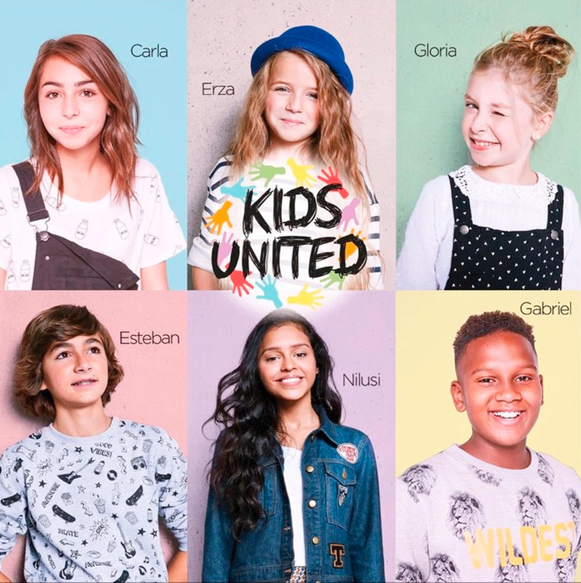 Kids United, sechs Kinder verschiedener Ethnien auf separaten farbigen Hintergründen.